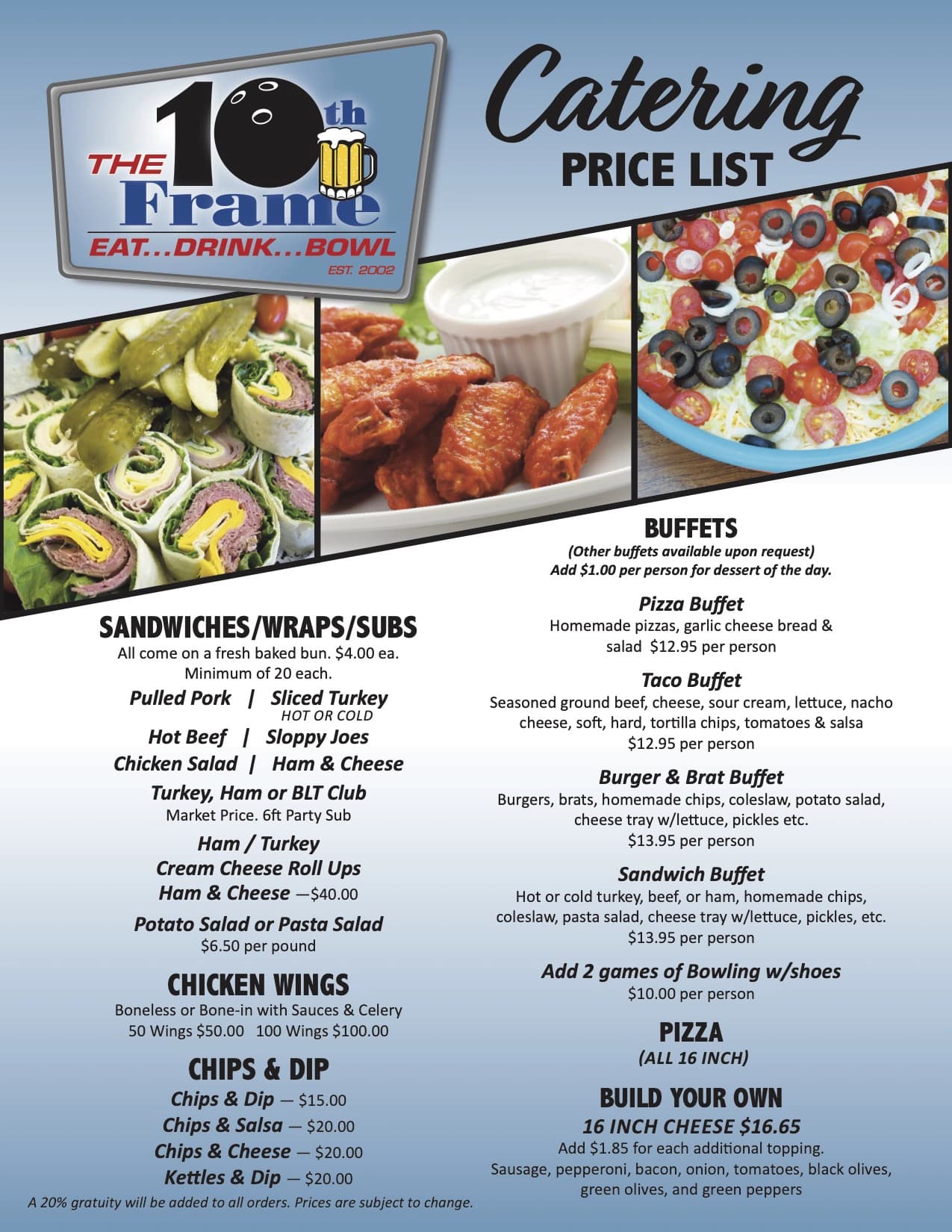 10th Frame Catering Menu (Page 1)