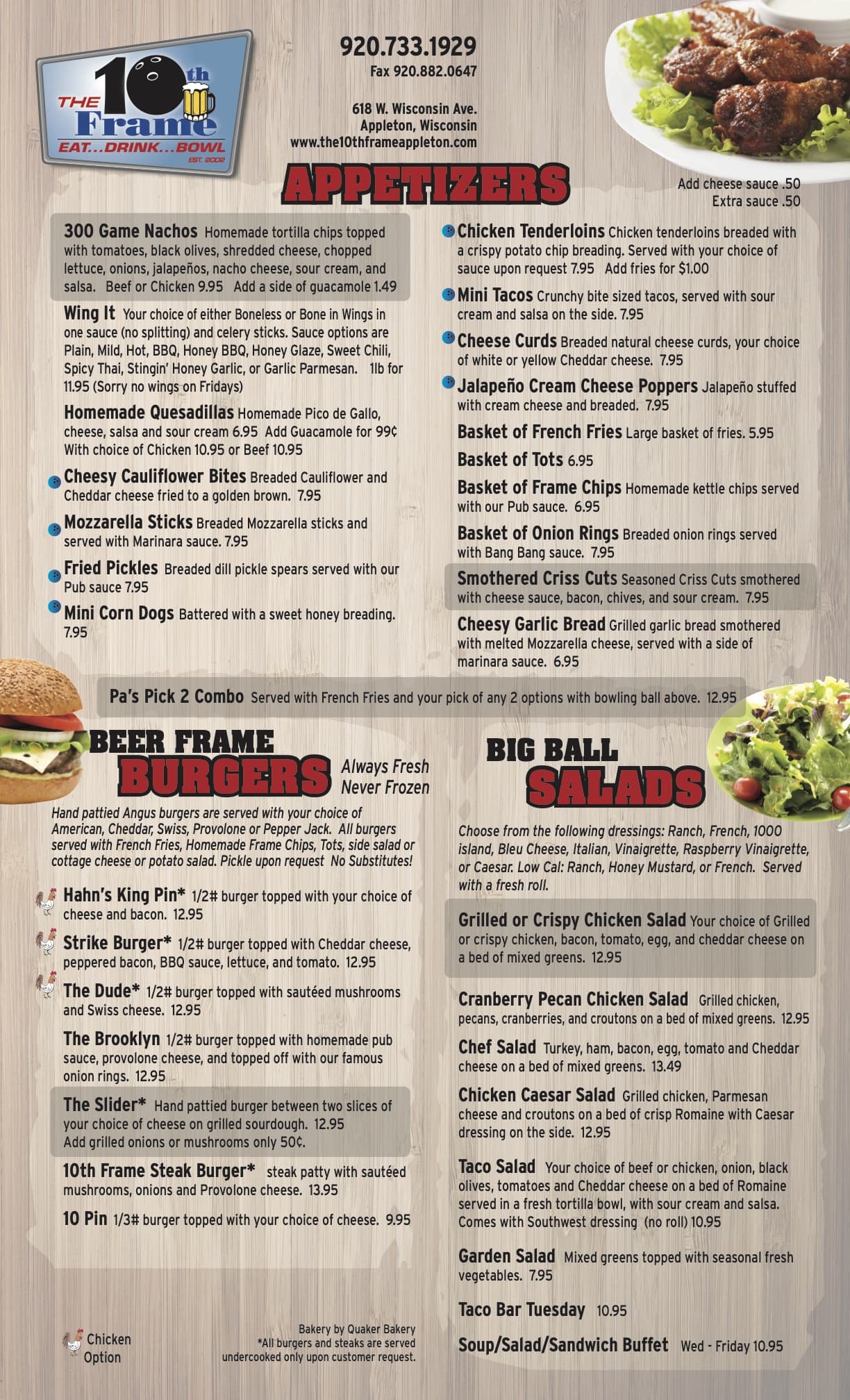 10th Frame Food Menu (Page 1)