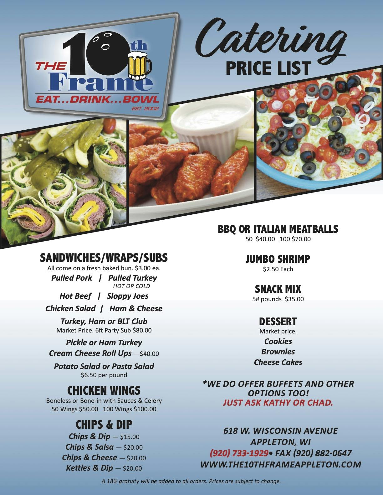 10th Frame Catering Menu (Page 1)